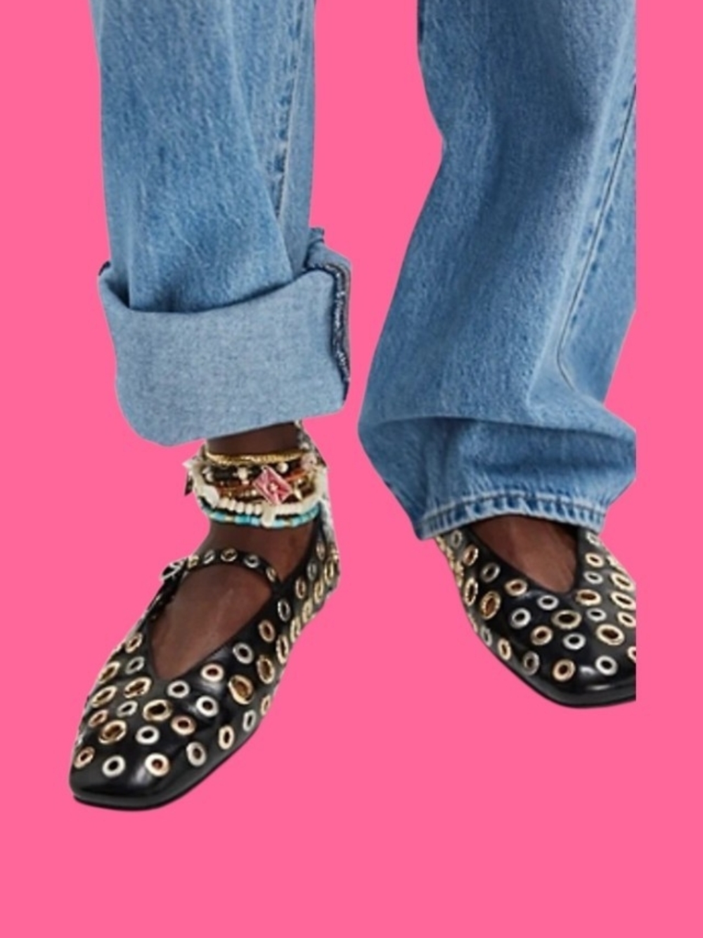 Studded Black Eyelet Mary Jane Flats